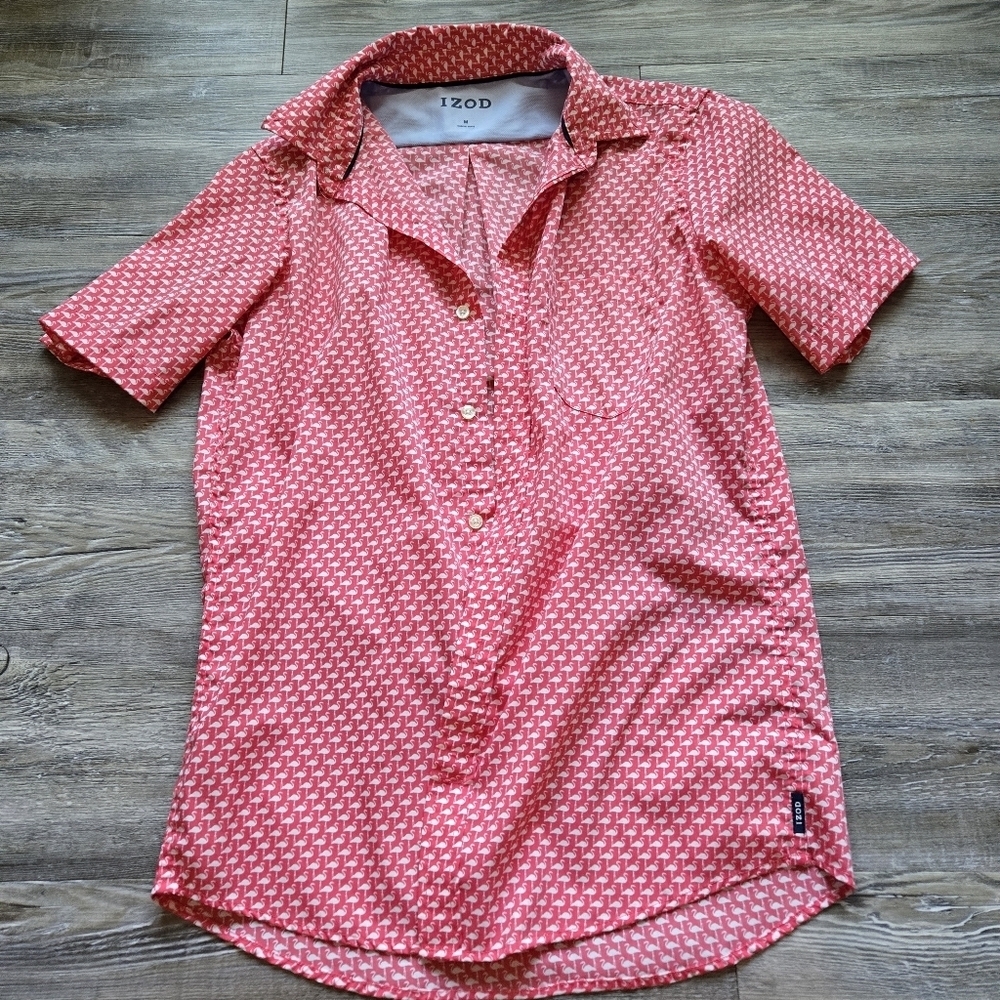 IZOD Mens Red and White Short Sleeve Button Down Shirt